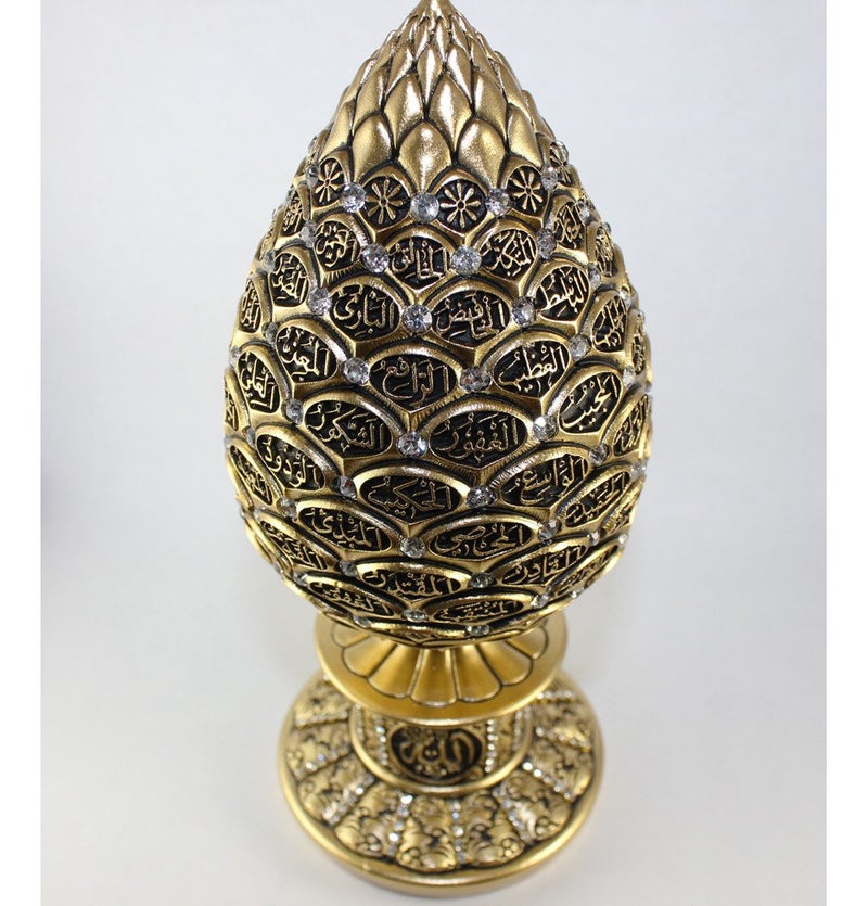 Gunes Table Decor Gold Egg Sculpture Figure Arabic 99 Names of Allah ESMA Asma al Husna (Gold, 7.5in) - Image 4